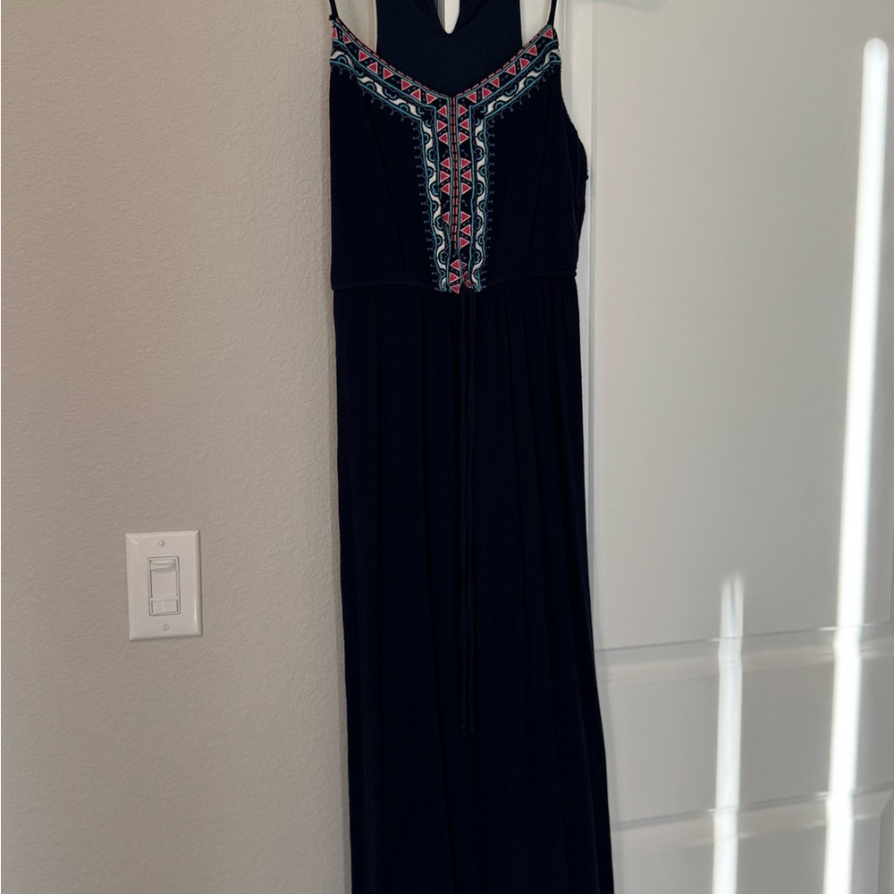 Lily Rose Dark Blue Embroidery Embellished Maxi Sundress with Halter Neck